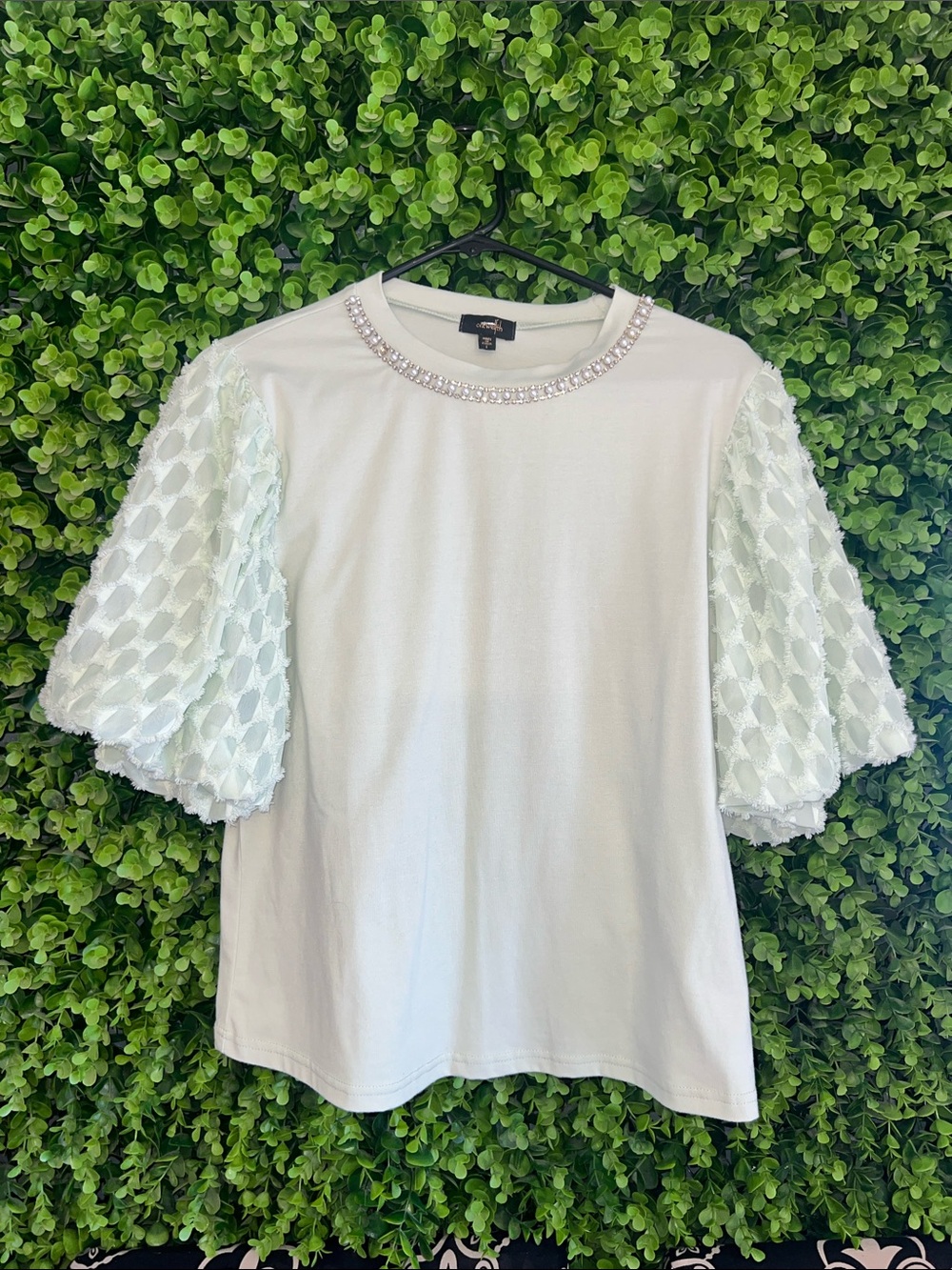 Mint Puff Sleeve Embellished Neck Tee